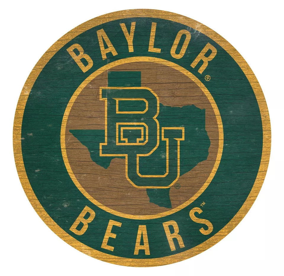 Baylor Bears 12" round wooden sign with state design, MDF, officially licensed, made in USA by Fan Creations.