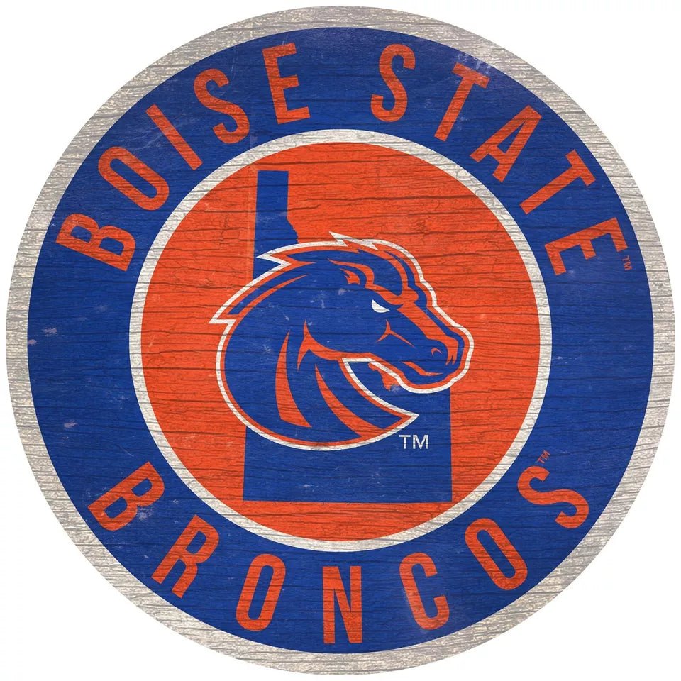 Boise State Broncos 12" round wooden sign with state design, MDF, officially licensed, made in USA by Fan Creations.