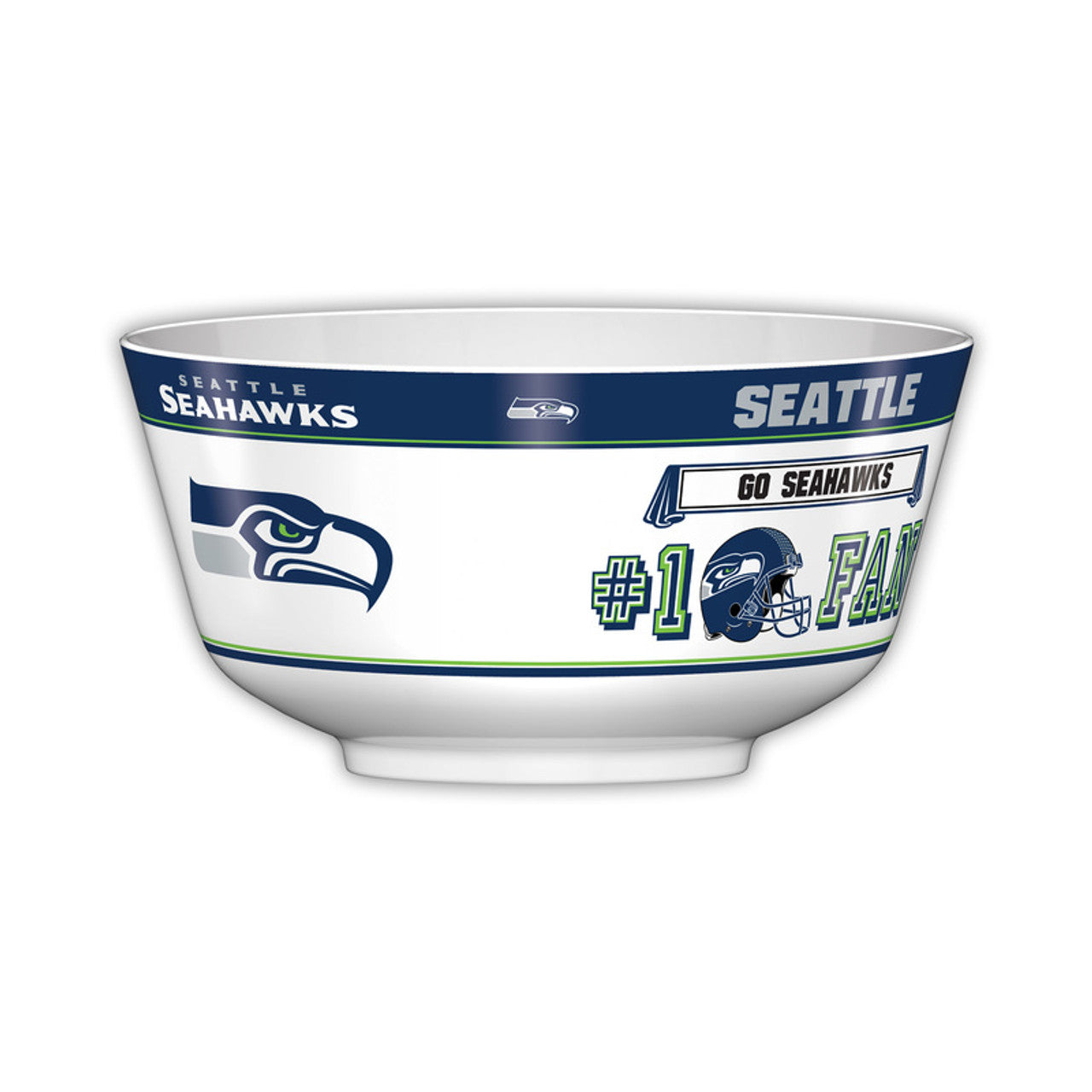 Seattle Seahawks All Pro Party Bowl with bold team colors, durable melamine construction, and food-safe design, measures 11.75 x 6 inches.
