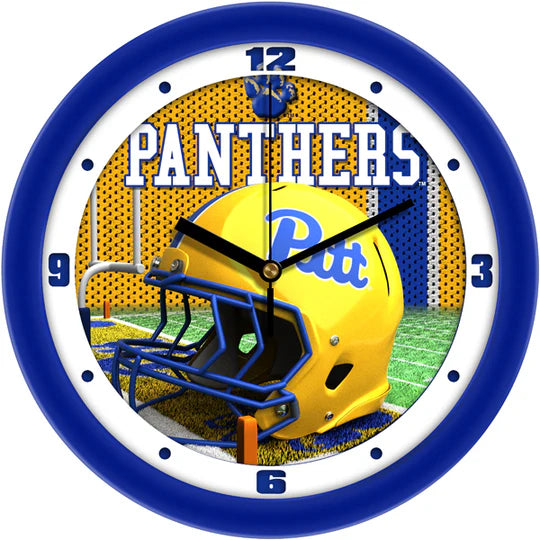 Pittsburgh Panthers NCAA football helmet wall clock with 3D design, mineral glass crystal, and official team colors