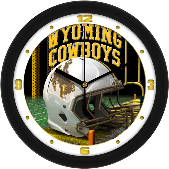 Wyoming Cowboys Football Helmet Wall Clock with team colors, 3D design, and quartz movement. 11.5" x 11.5" size.