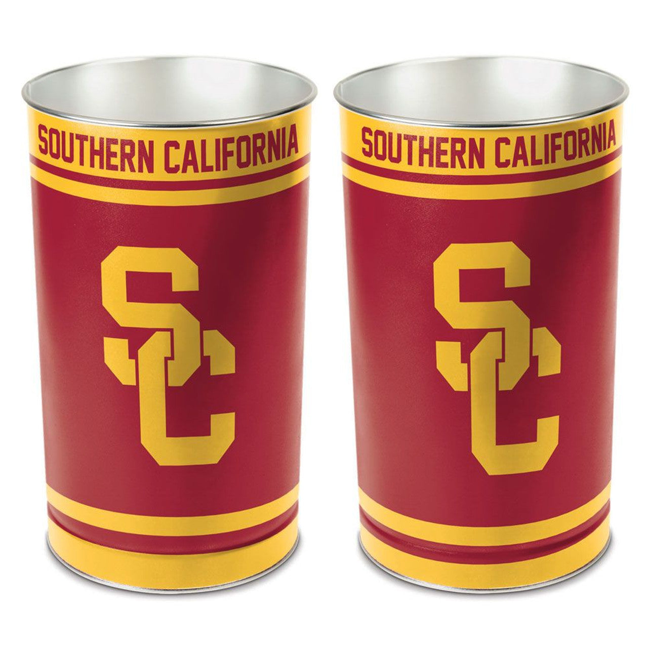 USC Trojans metal trash can with team colors and logo on both sides, officially licensed NCAA product by Wincraft