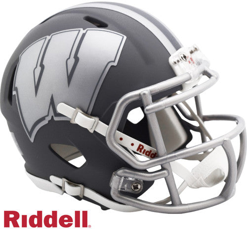 Wisconsin Badgers Slate Speed Mini Helmet by Riddell – NCAA replica with official decals, interior padding, and chin strap