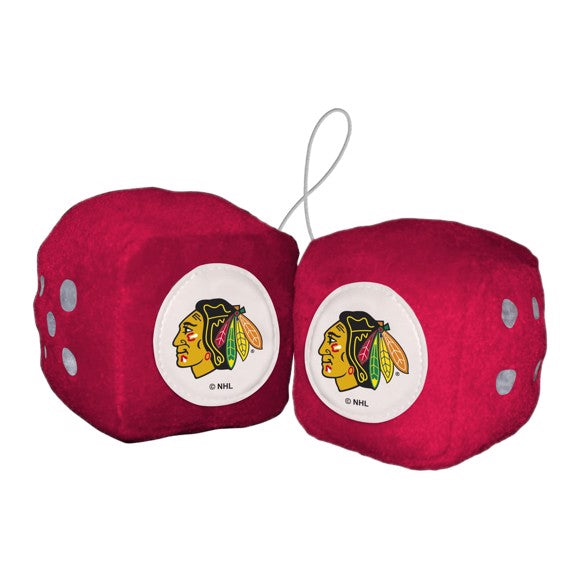 Chicago Blackhawks NHL Plush Fuzzy Dice in team colors with embroidered logo and 9-inch string, perfect for car or fan cave.