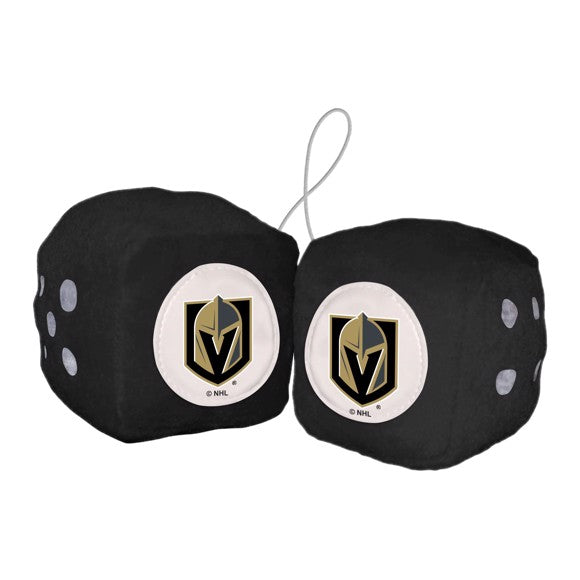 Vegas Golden Knights Fuzzy Dice - 3" cubes, team colors. NHL licensed by Fremont Die. Ideal for car, home, or fan cave display!
