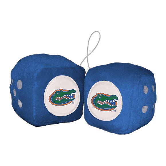 Florida Gators NCAA Plush Fuzzy Dice in team colors with embroidered logo and 9-inch string, perfect for car or fan cave.