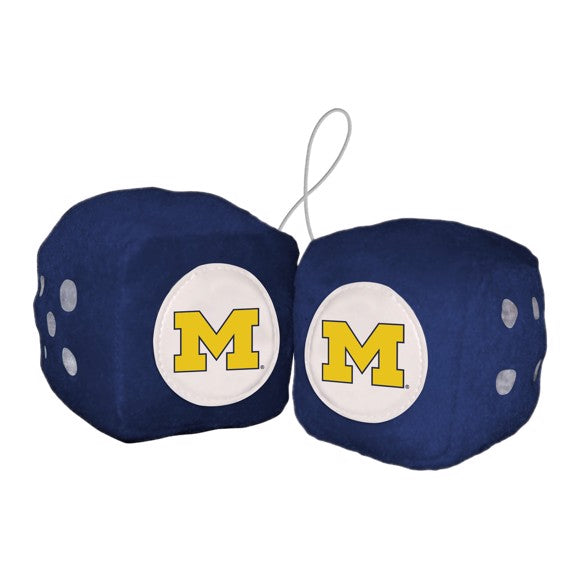 Michigan Wolverines NCAA Plush Fuzzy Dice in team colors with embroidered logo and 9-inch string for car or fan cave display.