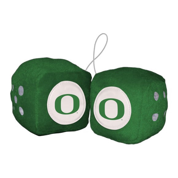Oregon Ducks NCAA Plush Fuzzy Dice in team colors with embroidered logo and 9-inch hanging string, perfect car accessory.