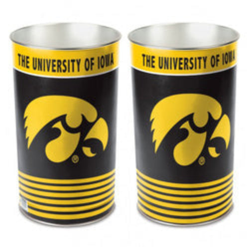 Iowa Hawkeyes metal wastebasket with team colors and graphics measures 15 inches tall & 10 inches wide at top