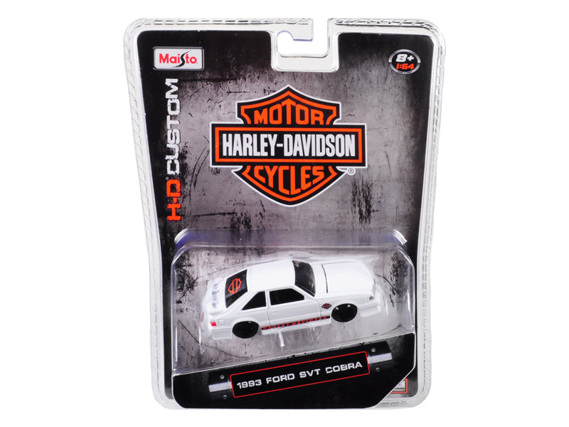 Maisto 1993 Ford SVT Cobra White “Harley Davidson” 1/64 diecast with opening hood and detailed interior.