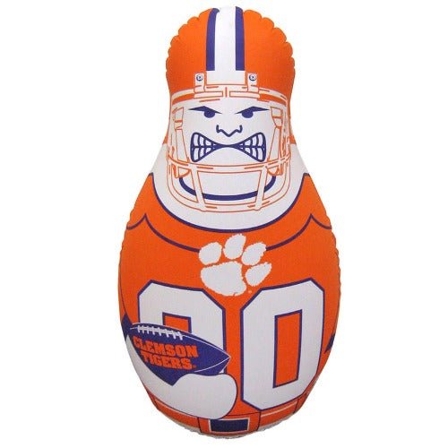 An inflatable Clemson Tigers football-shaped punching bag with a face grill design and the number 00 printed on the front.