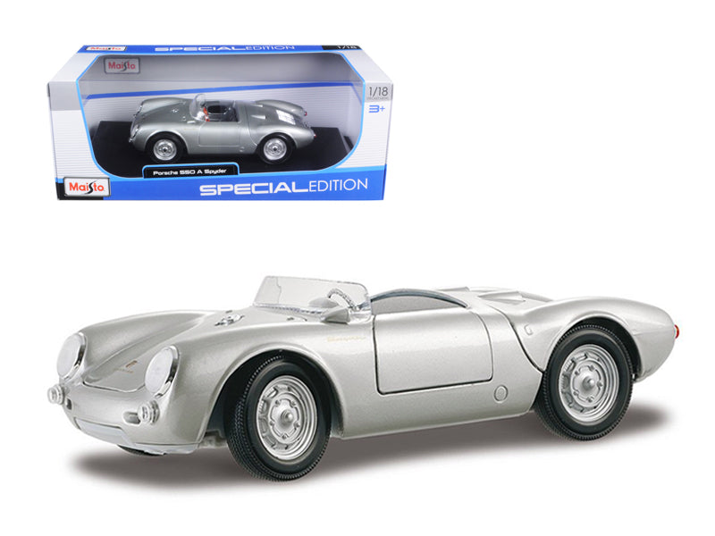 Maisto Porsche 550A Spyder silver 1/18 diecast model car with opening panels and steerable wheels