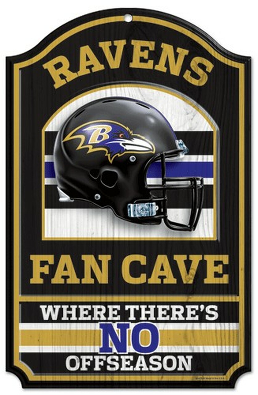 Baltimore Ravens NFL Fan Cave Wood Sign, 11"x17", hardboard wood, team graphics, indoor use, officially licensed, made in USA.