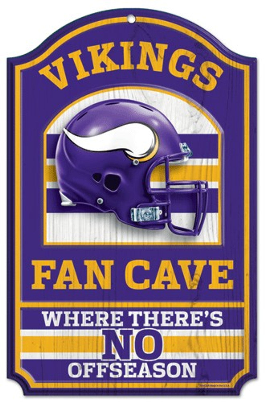 Minnesota Vikings Fan Cave Wood Sign: 11"x17", hardboard wood, team graphics, officially licensed, made by Wincraft.