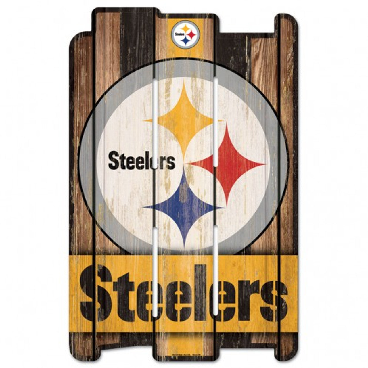 Pittsburgh Steelers NFL Wood Fence Sign: 11"x17", team colors/graphics, routed hanging hole. Made in USA from 3/8" hardboard by Wincraft.