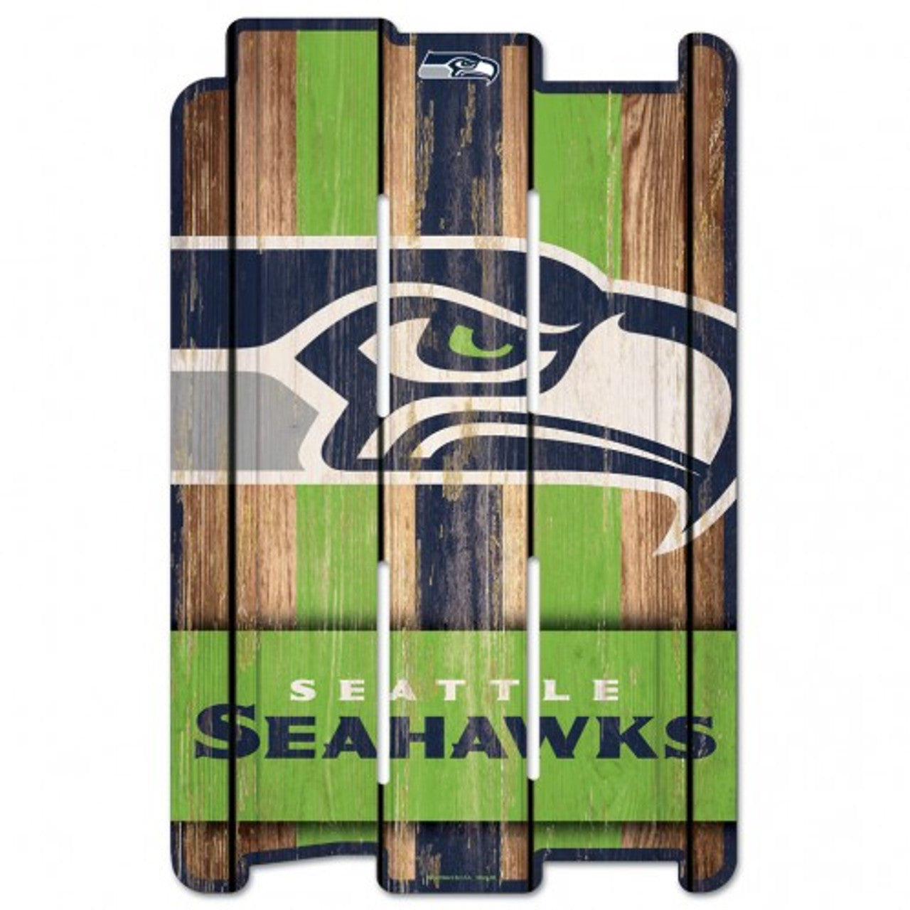 Seattle Seahawks 11x17 wood fence sign made from durable hardboard with team graphics made by Wincraft