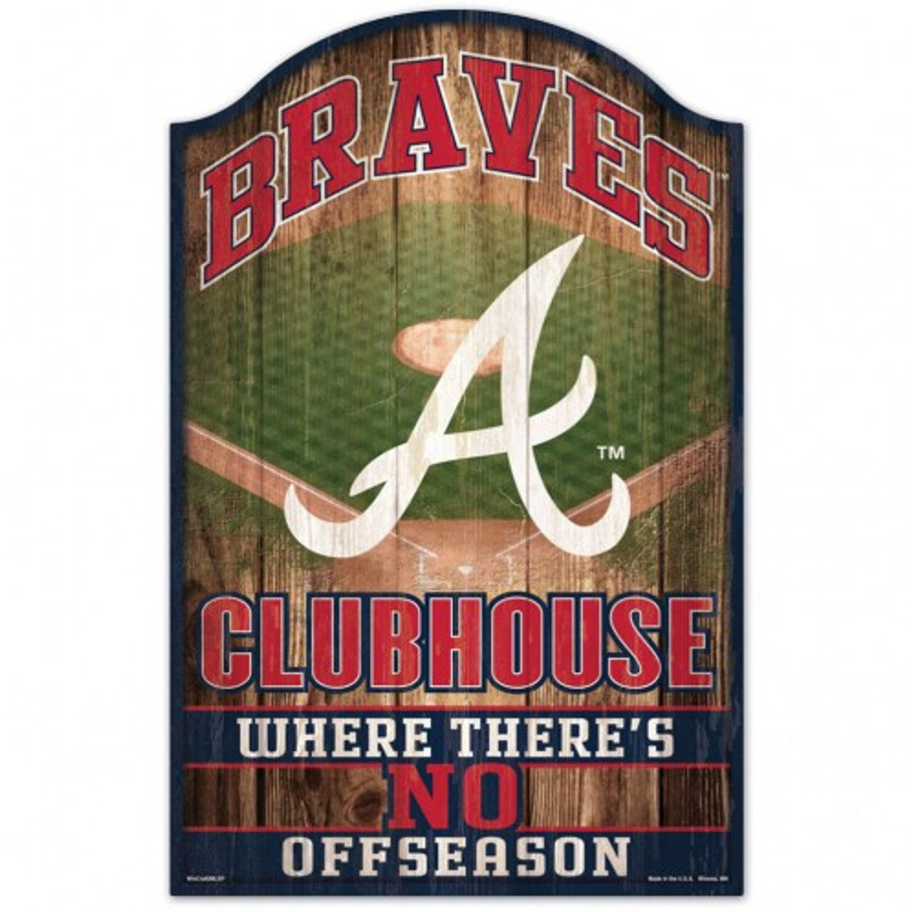 Atlanta Braves MLB Fan Cave Wood Sign, 11"x17", hardboard wood, team graphics, indoor use, officially licensed, made in USA by Wincraft.