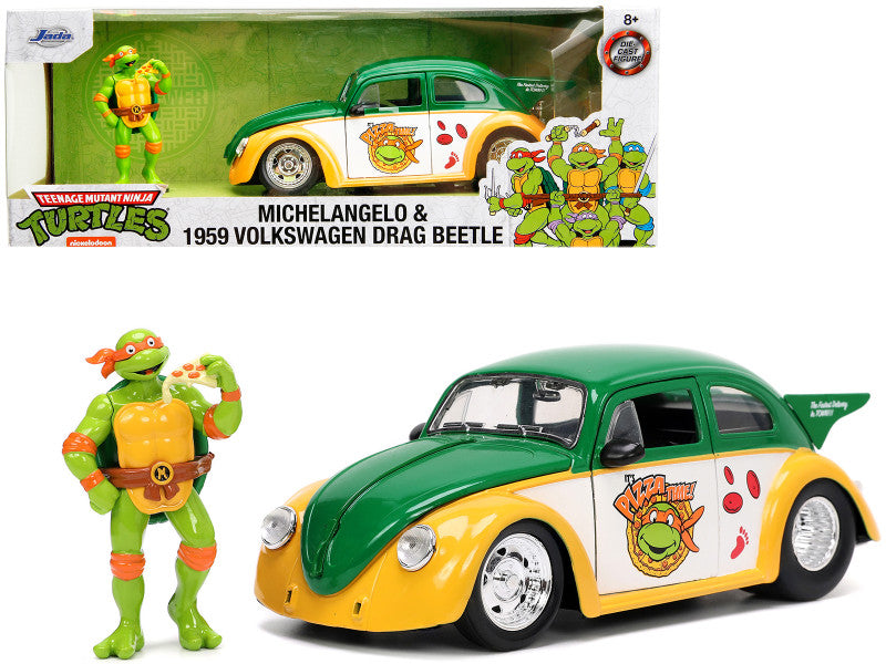 1959 Volkswagen Drag Beetle Green and Yellow and Michelangelo Figure "Teenage Mutant Ninja Turtles" "Hollywood Rides" Series 1/24 Diecast Car by Jada