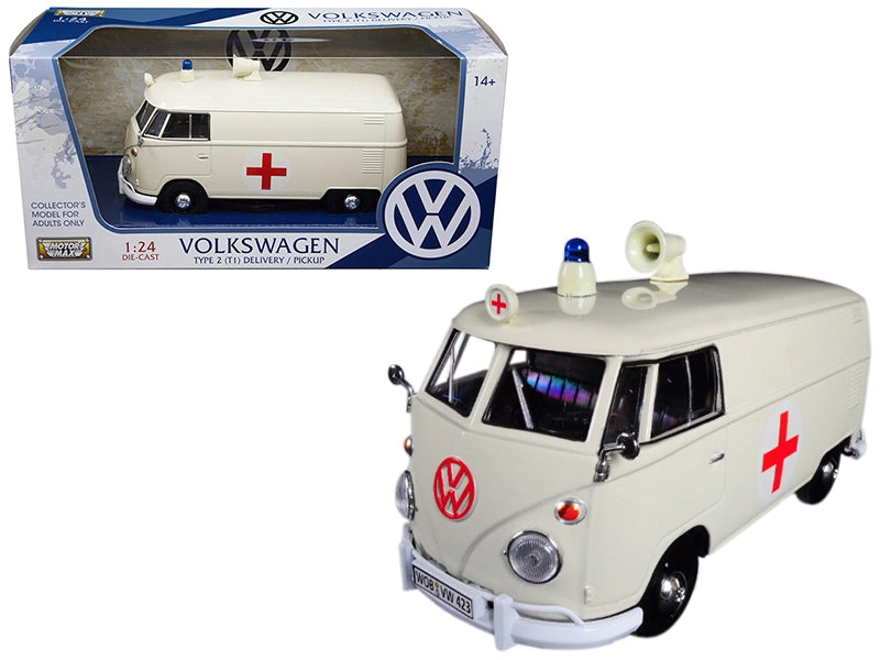 Volkswagen Type 2 (T1) Ambulance Cream 1/24 Diecast Model with opening rear gate and detailed interior.