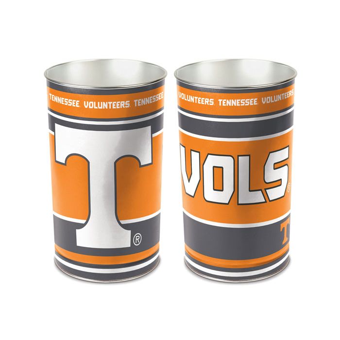 Tennessee Volunteers metal wastebasket with team colors and graphics measures 15 inches tall & 10 inches wide at top