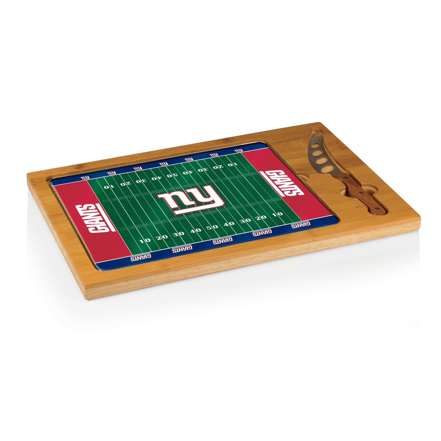 New York Giants Icon Glass Top Cutting Board & Knife Set with bamboo base and stainless steel knife