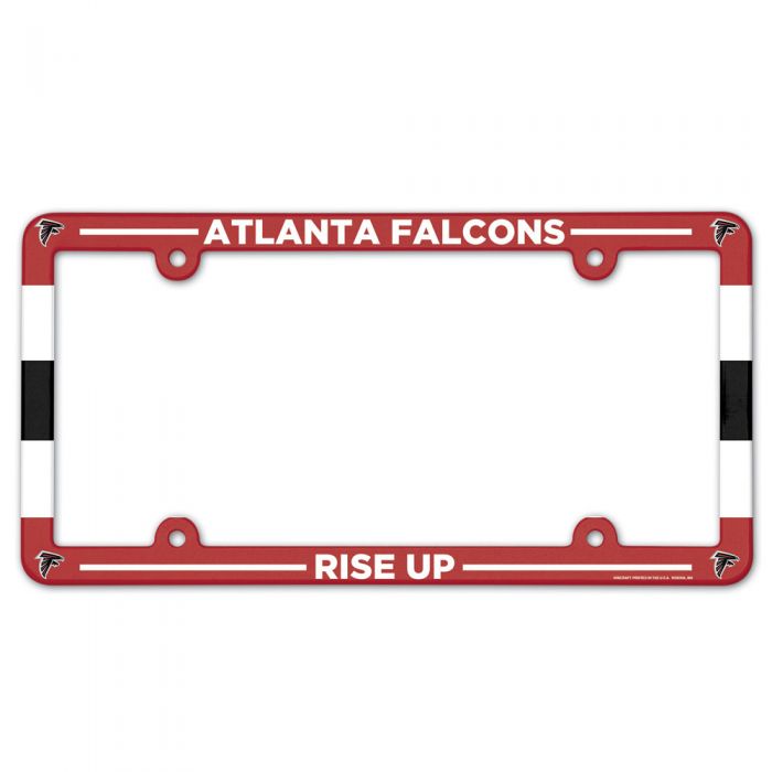 Atlanta Falcons NFL License Plate Frame. Heavy-duty plastic, fits 6" x 12" plates, vibrant team colors, and officially licensed. Made in the USA.