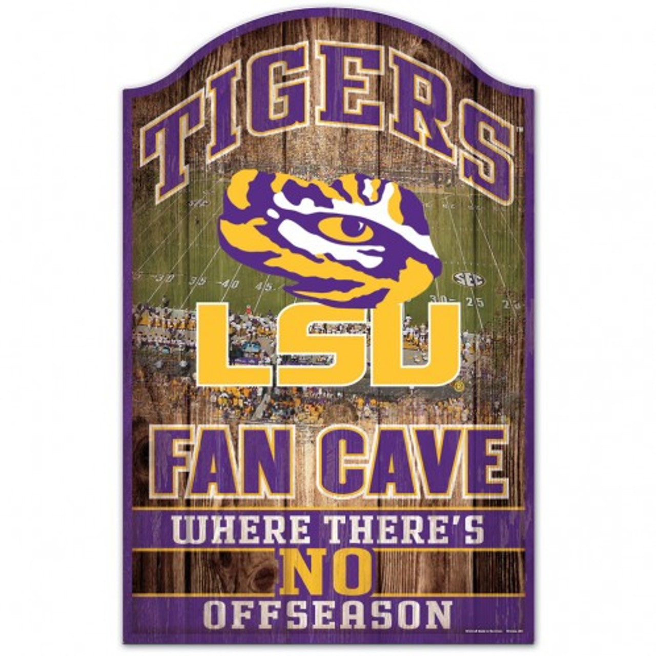 LSU Tigers 11x17 NCAA Fan Cave wood sign with antique-style finish and team graphics