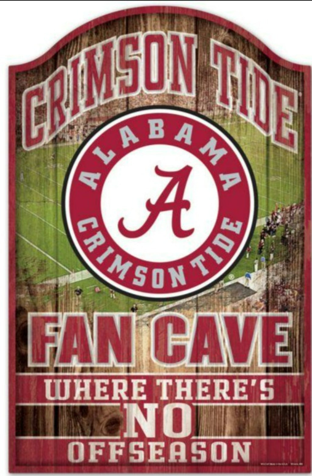 Alabama Crimson Tide NCAA Fan Cave Wood Sign, 11"x17", hardboard wood, team graphics, indoor use, officially licensed, made by Wincraft.