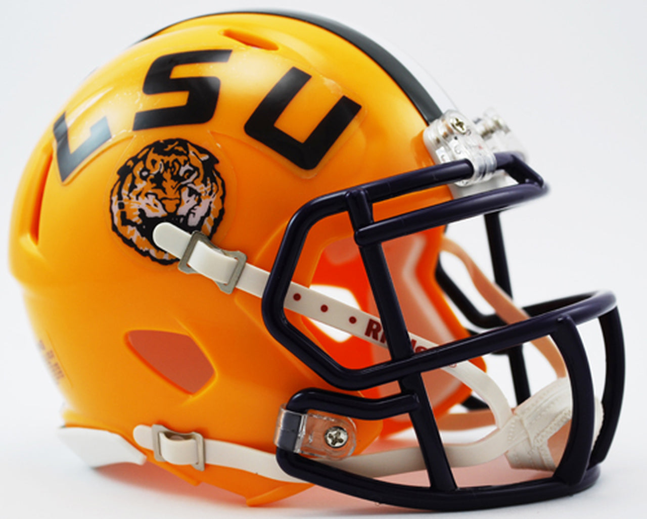 LSU Tigers Riddell NCAA Speed Mini Helmet with chinstrap, metal faceguard, padding, and official decals.