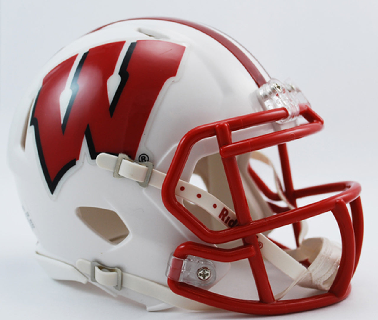 Wisconsin Badgers Riddell NCAA Speed Mini Helmet with chinstrap, metal faceguard, padding, and official decals.
