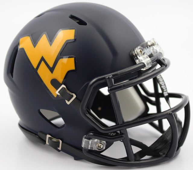 West Virginia Mountaineers NCAA Replica Satin Mini Helmet with chinstrap, faceguard, padding, and official decals.