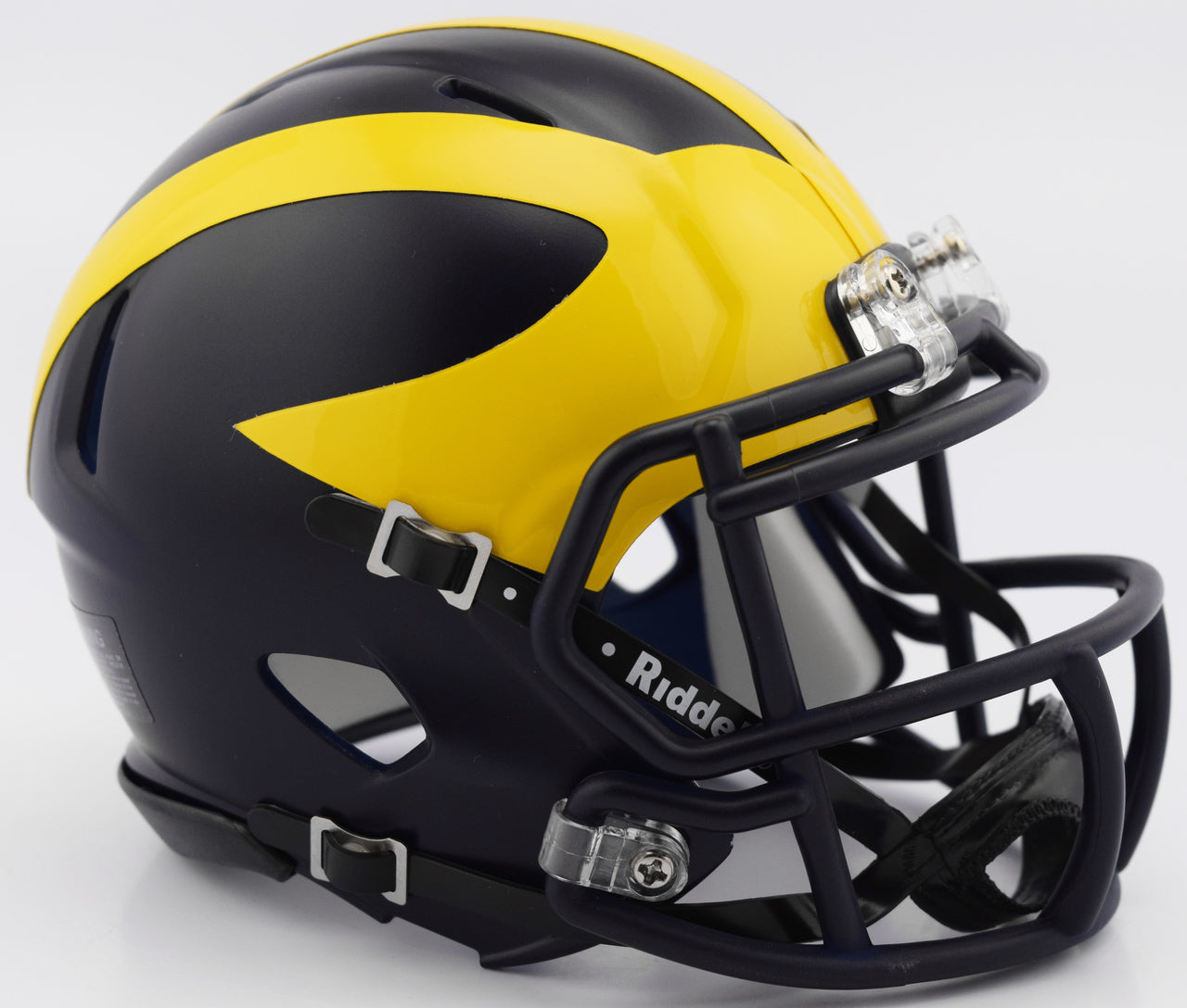 Michigan Wolverines Riddell mini speed helmet with official decals, metal faceguard, chin strap, and foam padding, 5 inches tall