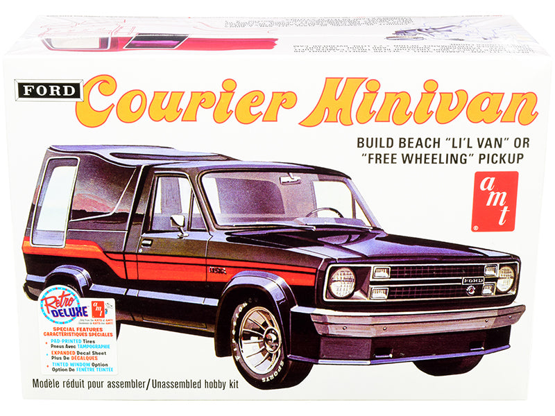 AMT 1978 Ford Courier Minivan 2-in-1 1/25 scale model kit with detailed parts, decals, and assembly required.