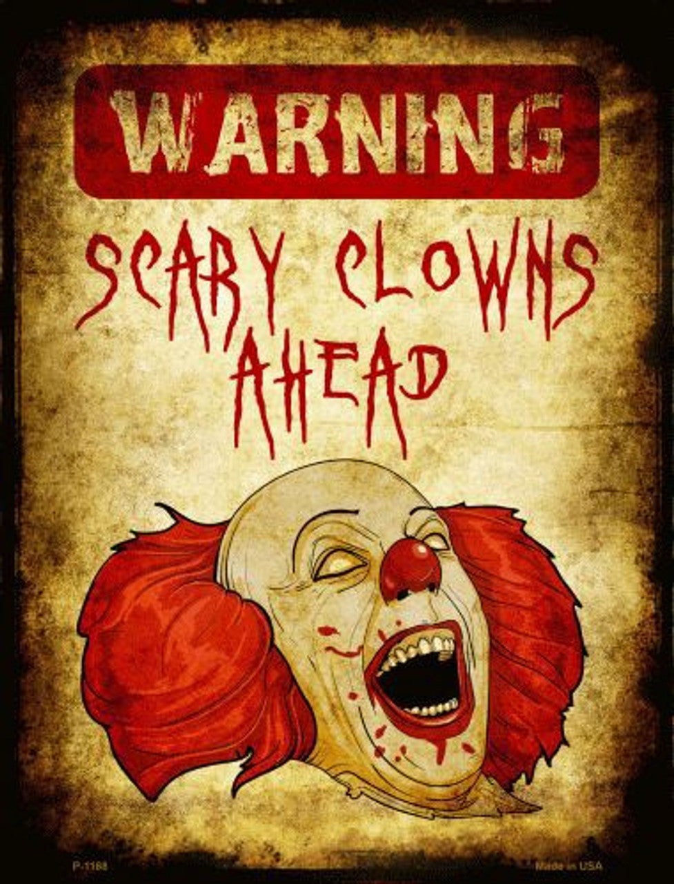 Scary Clowns 9x12" Halloween metal sign, weather-resistant aluminum, predrilled holes, made in USA.