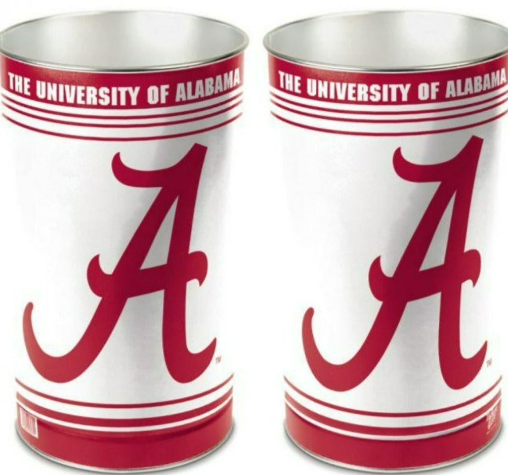 Alabama Crimson Tide metal wastebasket with team colors and graphics measures 15 inches tall & 10 inches wide at top