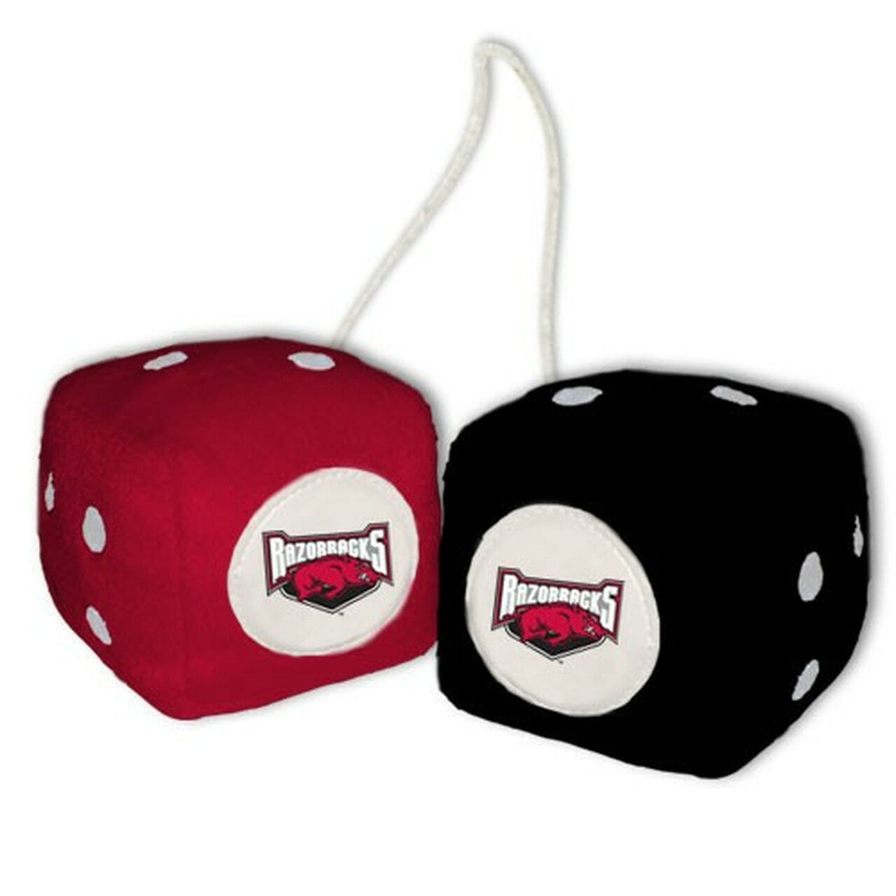 Arkansas Razorbacks NCAA fuzzy dice – 3" plush dice with team logo, perfect for car or game room decor.