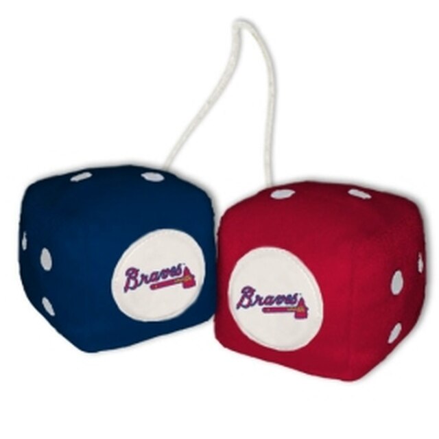 Atlanta Braves plush fuzzy dice in team colors with logo, perfect for car mirror or fan space décor.
