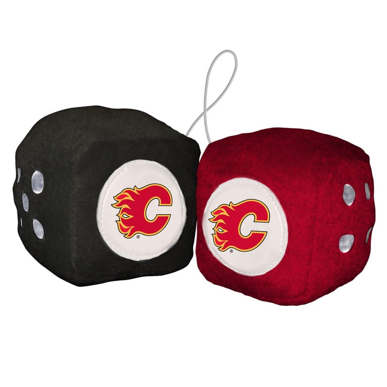Calgary Flames plush fuzzy dice with team colors and logo, soft 3" cubes connected by string for hanging display.