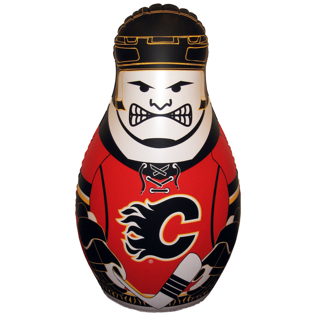Inflatable punching bag shaped like a Calgary Flames hockey player with a red and black uniform and helmet.