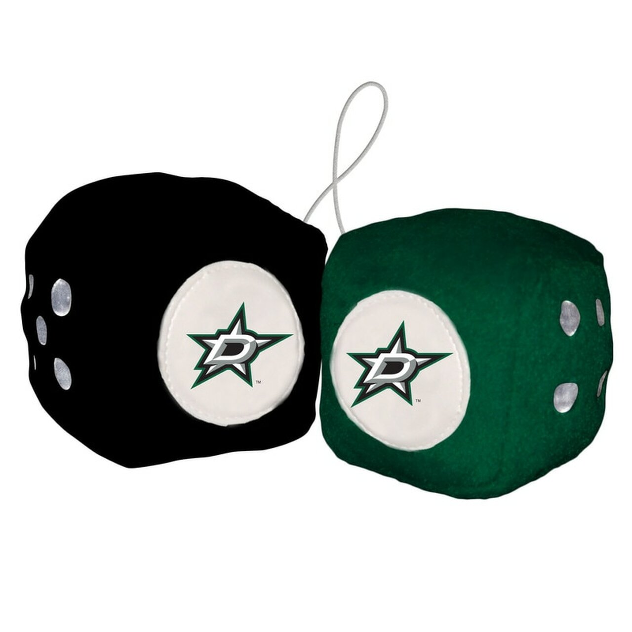 Dallas Stars plush fuzzy dice with team logo and colors, connected for easy hanging in car or fan space.