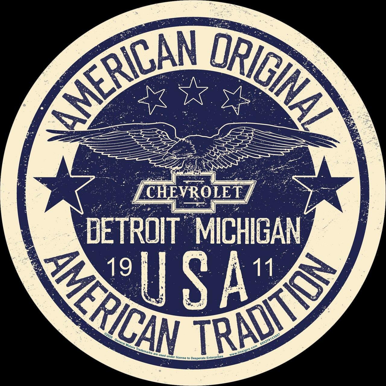 11.75" round Chevy Tradition steel sign with baked-on ink, made in USA for indoor or outdoor automotive décor