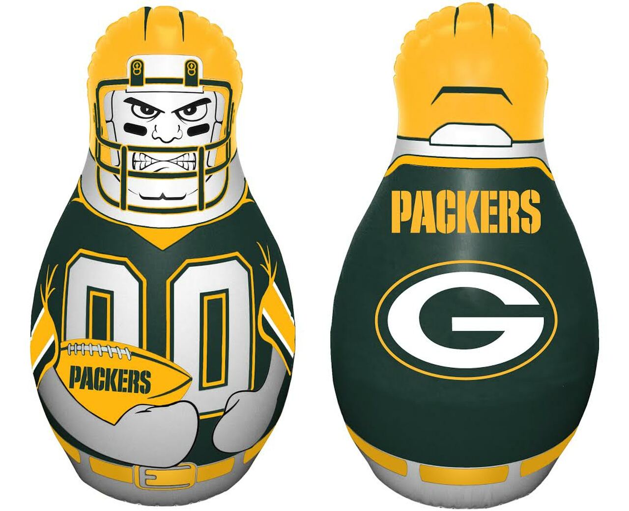 Inflatable toy punching bag with Green Bay Packers football player graphics