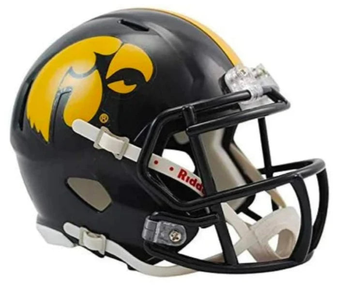 Iowa Hawkeyes Speed Mini helmet, half‑scale with official decals, padding and chin strap -autograph‑ready collectible.