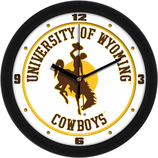 Wyoming Cowboys NCAA Wall Clock featuring team colors, logo, and quartz movement. 11.5" diameter, mineral glass face.