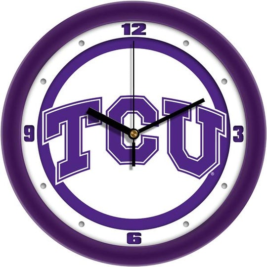 TCU Horned Frogs NCAA wall clock with team colors and logo, 11.5" diameter, quartz movement, and mineral glass crystal.