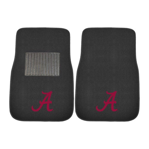 Alabama Crimson Tide 2-piece Car Mat Set, universal fit with embroidered team logo, nibbed backing, and easy-to-clean polyester and vinyl material. Officially licensed by NCAA. Made by Fanmats.