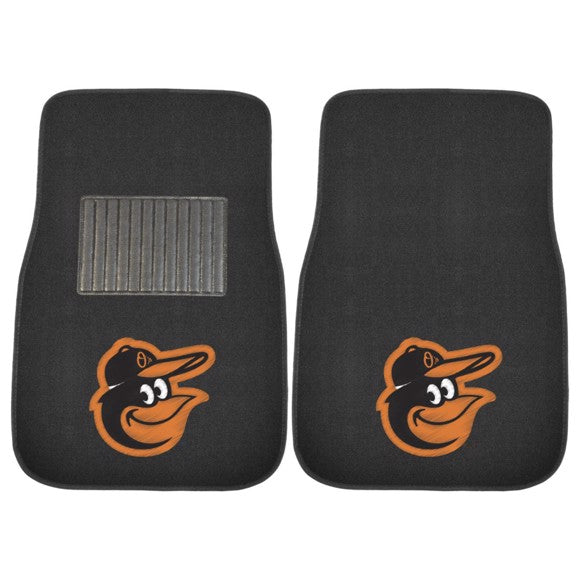 "Baltimore Orioles 2-piece embroidered car mat set by Fanmats, featuring the Orioles logo and team colors, designed to protect and style your vehicle’s interior."