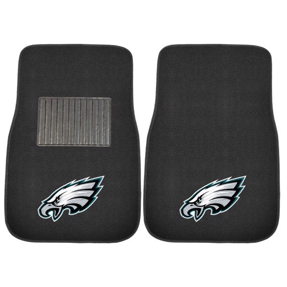 Philadelphia Eagles 2-pc NFL car mats with embroidered logo, universal fit, durable construction, and secure nibbed backing.