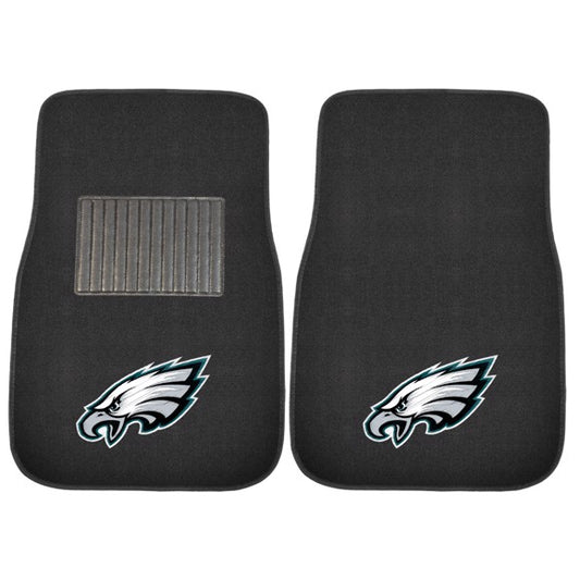 Philadelphia Eagles 2-pc NFL car mats with embroidered logo, universal fit, durable construction, and secure nibbed backing.