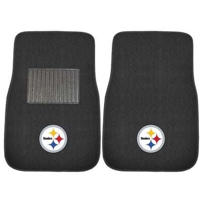 Pittsburgh Steelers 2-pc NFL car mats with embroidered logo, universal fit, durable backing, and easy-clean materials.